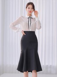 Work Dresses Korean Fashion Spring Autumn 2 Pieces Outfits Elegant Women White Sparkly Bright Silk Tops Shirt Blouse Midi Skirt Mujer Set
