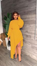 Casual Dresses 2023 Recommend Style Solid Colour Midi Dress Long Sleeve O Neck High Slit Hem Bodycon For Party Night Club Robe