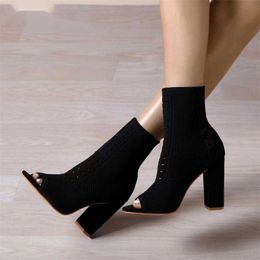 NXY Sandals Peep Toe Fashion Knitted Stretch Fabric Socks Boots Women Square High Heels Dance Chelsea Botines Shoes Spring/autumn 230511