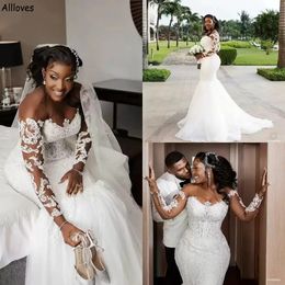 South African Nigeria Black Girls Mermaid Wedding Dresses Sheer Neck Illusion Long Sleeves Lace Appliqued Vintage Bridal Gowns Plus Size Slim Fit Vestidos CL2396