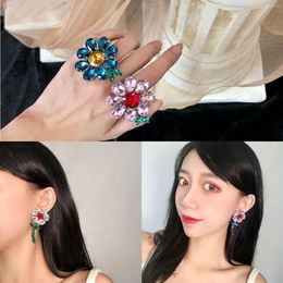 Necklace Earrings Set 2023 Simple Exaggerated Large Rhinestone Gemstone Colourful Flower Ring Cute Jewellery Girl