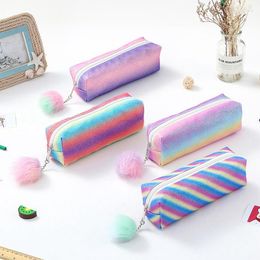 Kawaii Pencil Case Stationery Striped Colour Rainbow Glitter Bag Students Storage Bags School Supplies Gifts