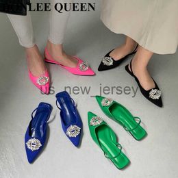 Sandals New Brand Woman Sandals Luxury Crystal Slingback Flat Pointed Toe Mule Slip On Slide Rhinestone Vacation Shoes Big Size 41 Mujer J230608