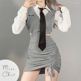 Casual Dresses Sexy Drawstring Ruched Patchwork Shirt Dress Women Cut Out Long Sleeve Chic Mini Fashion Korean Clothes Club Party Outfit