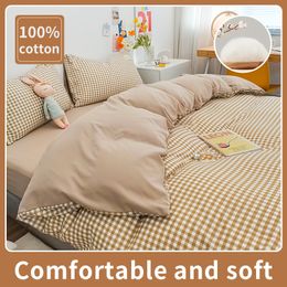 Bedding sets 100% Cotton Japanese Simple Style Duvet Cover Bedding Set With Plaid Stripe Skin Friendly Breathable 1 Duvet Cover 2 Pillowcase 230607