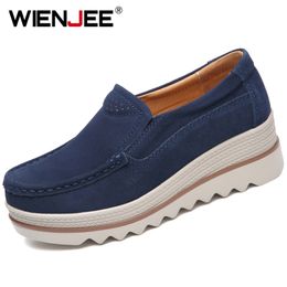 WIENJEE 2019 Spring Platform Women Shoes Flats Sneakers Suede Leather Women Casual Shoes Slip On Flats Heels Creepers Moccasins