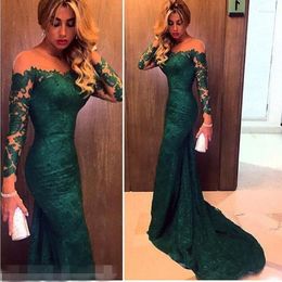 Casual Dresses Dark Green Slash Neck Lace Long-sleeved Floor-length Slim Vintage Evening Dress