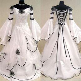 Renaissance Vintage Black and White Mediaeval Wedding Dresses For Arabic Women Celtic Bridal Gowns with Fit and Flare Sleeves Flowe290a