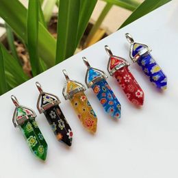 Pendant Necklaces Hexagonal Point Natural Stone Pendants Colourful Flower Lampwork Glass Pendulum Healing Reiki Pendulo For Necklace