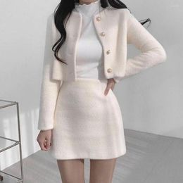Work Dresses Spring Autumn Vintage Tweed Two Piece Set Women Fashion Temperament Short Jacket Skirts Female Casual Office Clothing