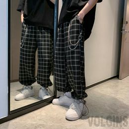 Pants 2023 Black Plaid With Chain Wide Leg Pants Harem Pants Streetwear Men 2023 Summer Hip Hop Casual Trousers Fashion Male Pants