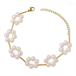 Charm Bracelets Baroque Freshwater Pearl Bracelet Flower Shape Titanium Steel Gold Plated Fashion Personality For Women Trendy Jewellery