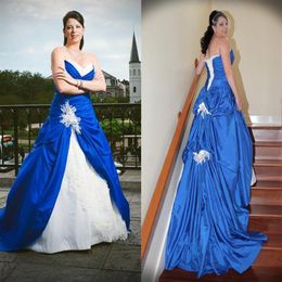 Modern Blue And White Wedding Gowns A Line Plus Size Ruched Satin Vintage Bridal Dress Sweetheart Sweep Train Lace-up Back Appliqu184H