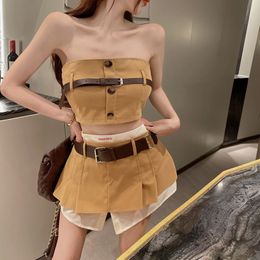 Two Piece Dress Sexy Girl 2pc Matching Suits Summer Fashion Slash Neck Crop Tube Top Patchwork Belted Mini Skirt Sets Chic 2 Outfits 230607