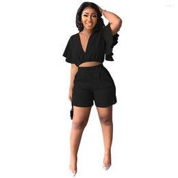 Women's Tracksuits Women Two Piece Sets Solid Colour Sexy Short Sleeve V-neck Ruffled Edge Tops Shorts Suit Female Spring Summer Resort Style