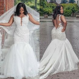 Fabulous Lace African Mermaid Wedding Dresses Plus Size Backless Court Train Tulle Applique Sexy Bride Gowns2800