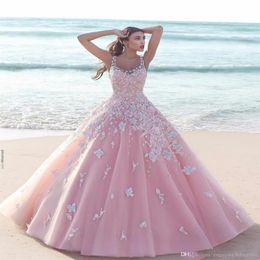 Dubai Arabic Princess 3D Floral Flower Pink A Line Wedding Dresses 2020 Applique Tulle Scoop Sheer Neck Sleeveless Lace Long Brida225a