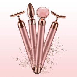 Face Care Devices 4 in 1 Vibrating Rose Quartz Roller Eye Massager Jade TV Shaped Lifting Slimming Beauty Bar 230608