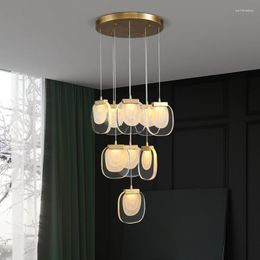 Chandeliers Nordic Restaurant All Copper LED Chandelier Lamp Kitchen Dining Room Cord Pendant Lighting Luxury Acryl Living Stair Lamps