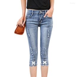 Women's Jeans Women Ripped Capric Ankle-length Stretch Skinny Patchwork Bow Denim Pencil Pants Slim Fit Casual Mid Waist Female Distres