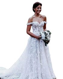 Bohemian A-Line Wedding Dresses Off The Shoulder Lace 3D Floral Appliques A Line Beach Wedding Dress Sweep Train Bhoh Bridal Gowns