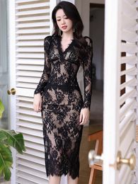 Work Dresses Spring Autumn Lace Sexy 2 Pieces Outfits Elegant Women Chic Black V-Neck Tops Shirt Blouse High Waist Midi Skirt Mujer Slim Set