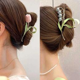 Dangle Chandelier Elegant Tulip Bell orchid Flower Hair Claw Shark Clip Headdress Vintage Ponytail Claw Clip Trendy sweet For girl Hair Jewelry Z0608