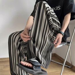 Men's Pants Summer Pleated Men Fashion Oversized Ice Silk Streetwear Korean Loose Straight Striped Mens Trousers M-2XL