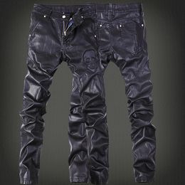 Pants Fashion Brand Embroidered Leather Pants Men's Trousers DJ Club Leather Pants Jogging Cycling Locomotive Men Zipper Leather Pants