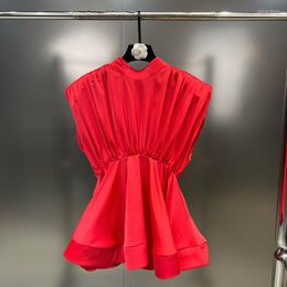 Women's T Shirts BORVEMAYS Pleated Ruffles T-shirt Temperament Fashion Women Stand Collar Sleeveless Solid Colour Trend Summer Tops WZ2049