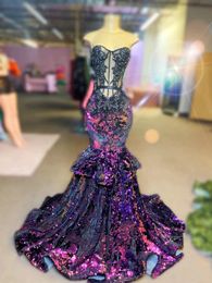 Purple Sequins Long Mermaid Prom Dressesfor Black Girl Plus Size Sweep Train Fitted Evening Birthday Party Formal Gala Gowns