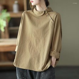 Women's Blouses Arrival 2023 Spring Autumn Arts Style Women Long Sleeve Skew Collar Loose Shirts All-matched Casual Cotton Linen Blouse V517