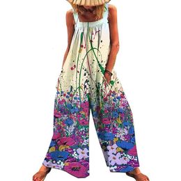 Women's Jumpsuits Rompers Lady Retro Bohemian Floral Designed Sleeveless Loose Romper Daily Strappy Cotton Linen Pants Jumpsuits Bib Overalls 230608