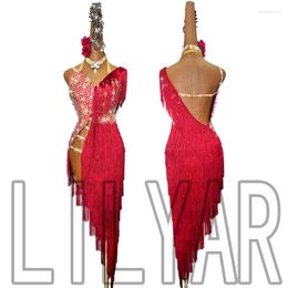 Stage Wear Latin Dance Performance Competition Clothing Burgundy Tassel Sparkling Diamond Long Slim High-End Skirt