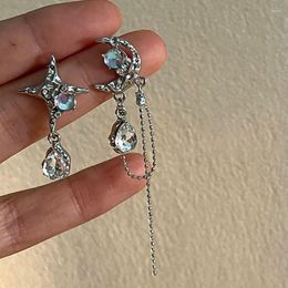 Dangle Earrings Women's Asymmetrical Moonstone Tetragonal Moon Tassels Fine Silver Colour Zirconia Jewellery Gift