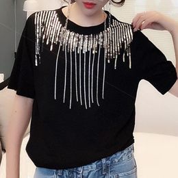 Women's T Shirts Sequin Rhinestone Tassel T-shirt Female Short Sleeve 2023 Spring And Summer Loose Korean Half