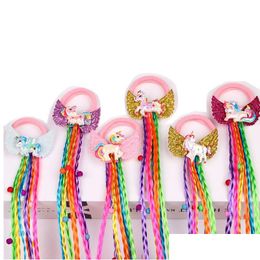 Hair Accessories 12Pcs For Children Braid Extensions With Rubber Bands Unicorn Ponytail Colorful Braided Wig Elastics Ties Drop Deli Dhrpb
