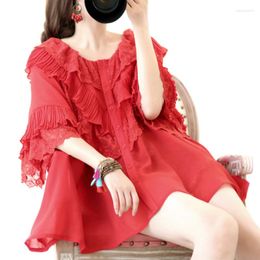 Women's Blouses Women Summer Casual Wear High-end Ruffle Flare Sleeve Pleated Chiffon Sweet Mori Girl Red Princess Lolita Shirt Lace Tops