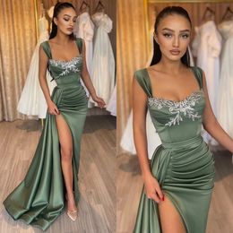 Straps prom high split beads green party dress sweep train dresses for special ocns evening gown