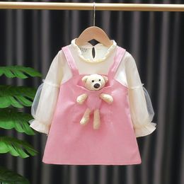 Girls Dresses Kid Dress Girl Princess Pocket Bear Gift Birthday Party Children Puff Long Sleeve Toddler Clothes Teen Baby Suit A830 230608