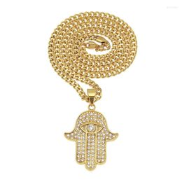 Pendant Necklaces Hip Hop Bling Iced Out Rhinestones Gold Stainless Steel Fatima Hand Necklace For Men Rapper Jewelry With Cuban Chain