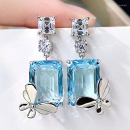 Stud Earrings Real 925 Sterling Silver Simple Butterfly Drop Sparkling High Carbon Diamond Zircon Topaz Aquamarine Fine Jewellery