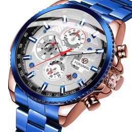 Wristwatches Forsining Waterproof Multifunctional Automatic Mechanical Men's Watches Fashion Blue Business Dress Wristwatch Man RelogioW