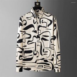 Men's Casual Shirts Vintage Art Printed Men Summer Ice Silk Long Sleeve Loose Business Dress Shirt High Quality Social Clothing