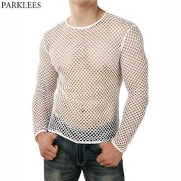 Men's T-Shirts White Mesh See through Fishnet T-shirt Men Sexy Long Sleeve Transparent Tee Shirt Homme Hip Hop Streetwear Camisetas 230608