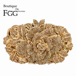 Shoulder Bags Boutique De FGG Women Gold Flower Clutch Evening Minaudiere Bags Bridal Wedding Handbags Formal Party Rhinestones Floral Purses