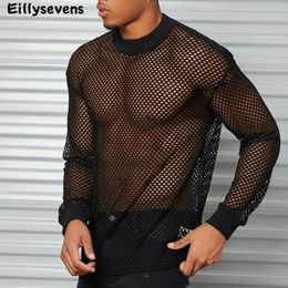 Men's T-Shirts Mesh T-Shirt for Men Solid Color Long Sleeve See-Through Fishnet Tops Hollow Transparent Nightclub Undershirt Camisetas 230608