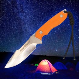 New Arrival M2371 Outdoor Straight Hunting Knife 5Cr13Mov Satin Drop Point Blade Orange G10 Full Tang Handle Fixed Blade Knives with Kydex and Survival Whistle