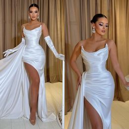 Elegant White Evening Gown Side slit Strapless Party Prom Dresses Sweep Train Formal Long Dress for special occasion
