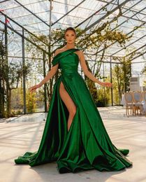 Sexy Green Plus Size A Line Prom Dresses Long For Black Women One Shoulder Pleats High Side Split Draped Evening Party Birthday Gowns Special Occasion Dress